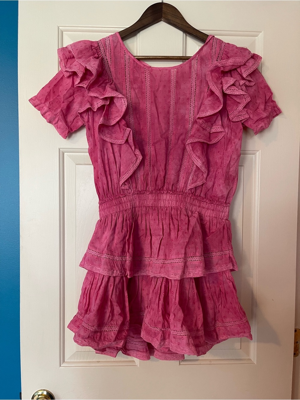 LoveShackFancy Pink Swiss Dot Ruffle Mini Dress Size M Cottagecore Romantic - Picture 2 of 8